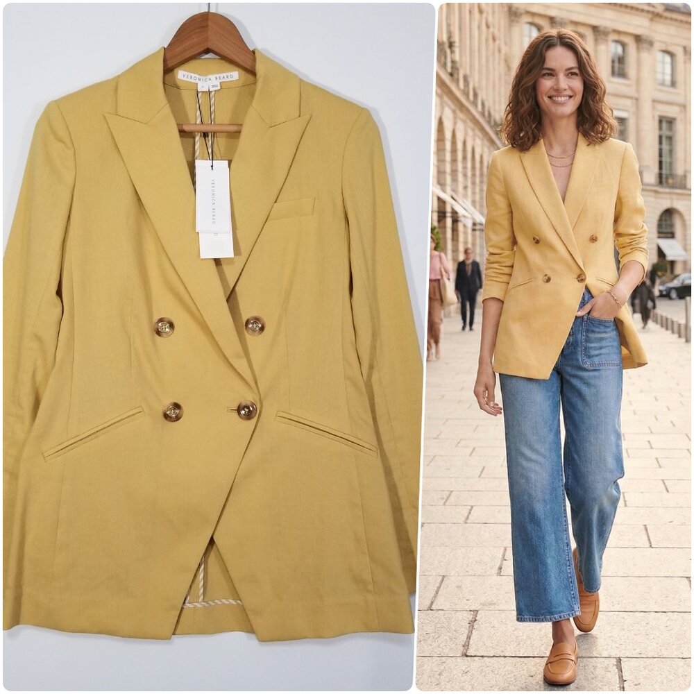 NWT Veronica Beard Nisha Jacket Blazer Linen Double-Breasted in Yellow Sz 0 $595